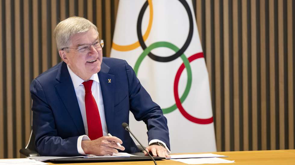 epa11754084 International Olympic Committee (IOC) President Thomas Bach speaks at the opening of the executive board meeting of the International Olympic Committee (IOC), at the Olympic House, in Lausanne, Switzerland, 03 December 2024.  EPA/JEAN-CHRISTOPHE BOTT