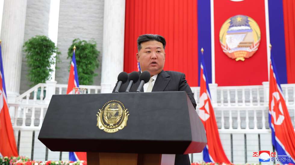 epa11595456 A photo released by the official North Korean Central News Agency (KCNA) shows North Korean leader Kim Jong Un delivering his speech on the 76th anniversary of the countryâ€™s founding in Pyongyang, North Korea, 09 September 2024 (issued 10 September 2024). According to KCNA, North Korean leader Kim Jong Un stated in his speech that the country will "steadily strengthen its nuclear force" to fully counter any threats posed by nuclear-armed rival states, and will intensify efforts to ensure that all of its armed forces, including the nuclear force, are combat-ready.  EPA/KCNA  EDITORIAL USE ONLY