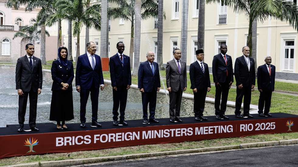 epa12061168 (L-R) Egypt's Assistant Foreign Minister at the Ministry of Foreign Affairs, Ambassador Ragui El-Etreby, UAE Minister of State for International Cooperation Reem Al Hashimy, Russian Foreign Minister Sergey Lavrov, Ethiopian Foreign Minister Gedion Timothewos, Brazilian Foreign Minister Mauro Vieira, Chinese Foreign Minister Wang Yi, Indonesian Foreign Minister Sugiono, South African Minister of International Relations and Cooperation Ronald Lamola, Iranian Deputy Minister of Economic Diplomacy Sayed Rasool Mohajer, and Indian Secretary for Economic Relations Dammu Ravi pose for a family photo with ahead of the start of the BRICS Foreign Ministers' meeting at the Itamaraty Palace in Rio de Janeiro, Brazil, 28 April 2025. Foreign ministers from the trading bloc, which consists of ten countries including Brazil, Russia, India, China, and South Africa, began their two-day meeting in Rio de Janeiro.  EPA/ANTONIO LACERDA
