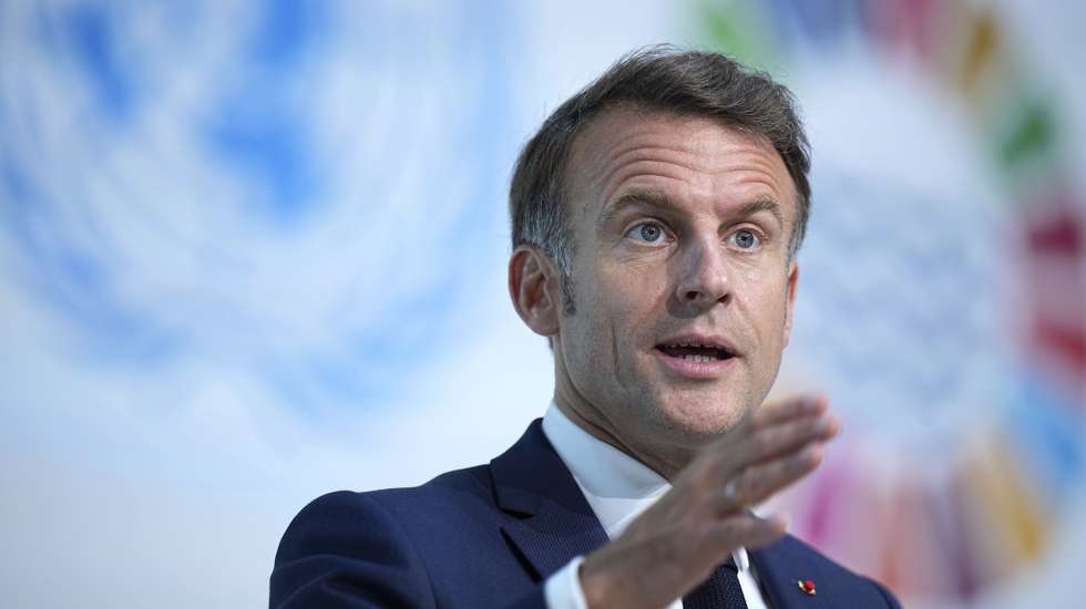 epa12166240 France’s President Emmanuel Macron gestures as he speaks during the presentation of the European Pact for the Oceans at the third UN Ocean Conference, in Nice, France, 09 June 2025.  EPA/LAURENT CIPRIANI / POOL MAXPPP OUT