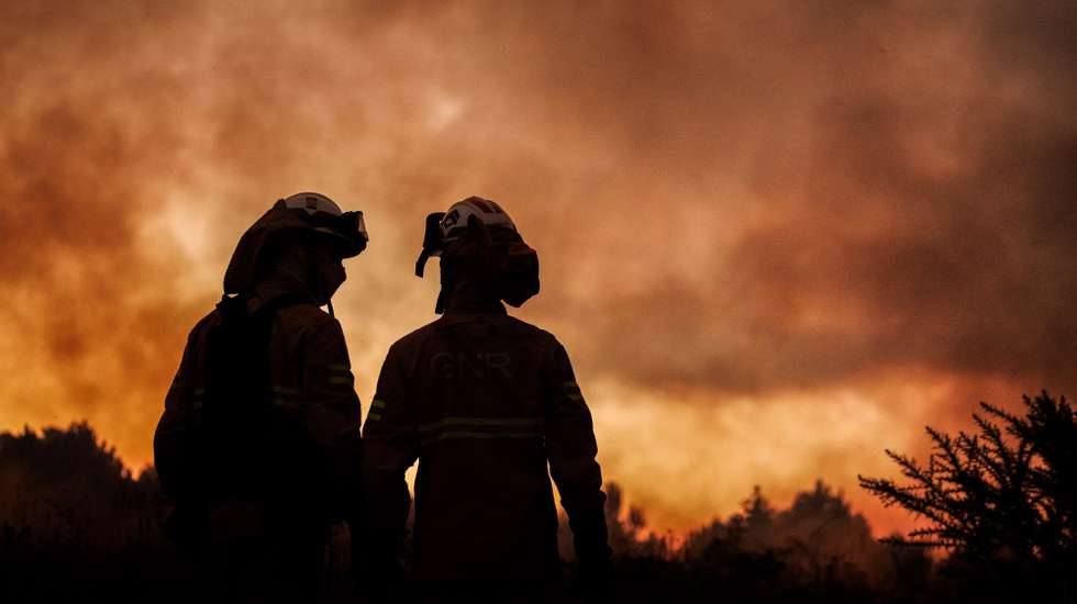 Bombeiros durante o combate um incêndio em Sabrosa, Vila Real, 16 de julho de 2025. O vento forte e irregular que provoca várias projeções está a dificultar o combate ao incêndio que lavra em Souto Maior, Sabrosa, e que pelas 22:00 mobilizava 368 operacionais e 115 meios terrestres, segundo a página da ANEPC - Autoridade Nacional de Emergência e Proteção Civil. PEDRO SARMENTO COSTA