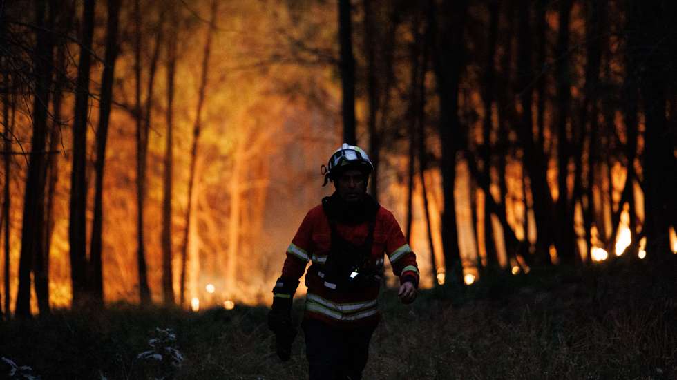 Um bombeiro combate as chamas durante um incêndio em São Martinho da Anta, concelho de Sabrosa, Vila Real, 2 de agosto de 2025. O fogo que começou em São Cibrão, Vila Real, alastrou para o concelho de Sabrosa, onde lavra em duas frentes com alguma intensidade e mobiliza cerca de 240 operacionais. PEDRO SARMENTO COSTA/LUSA