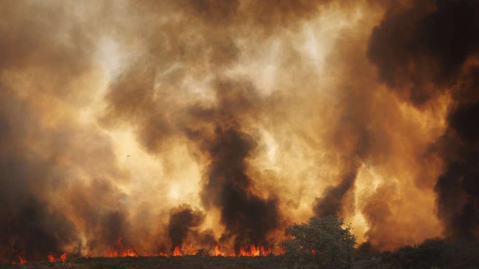 epa12291406 A forest fire burns in Alvite, Moimenta da Beira, Viseu, Portugal, 09 August 2025. The fire in Alvite, in the municipality of Moimenta da Beira, in the district of Viseu, is still active and, according to the National Civil Protection Authority, 376 firefighters are fighting the flames, with 105 vehicles and nine aircraft.  EPA/PEDRO SARMENTO COSTA