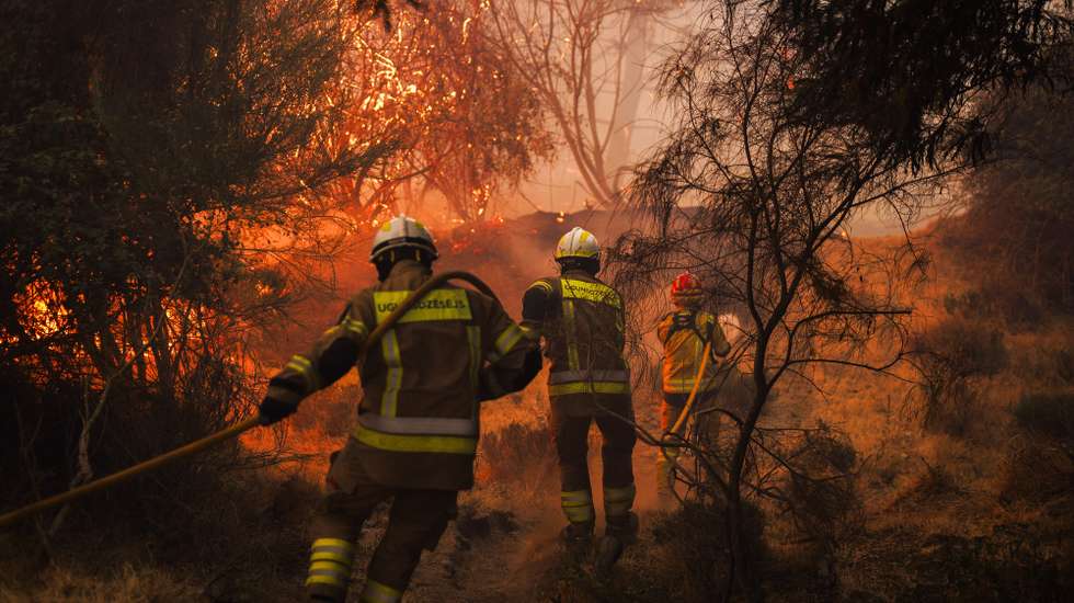 Latvian firefighters in Portugal to support the special civil protection force battle a forest fire in Paredes, Vila Real, Portugal, 12 August 2025. At 3:15 p.m. today, nearly 1,200 personnel were engaged in fighting the three most serious fires highlighted by Civil Protection, which are raging in Vila Real, Tabuaço and Trancoso.PEDRO SARMENTO COSTA/LUSA