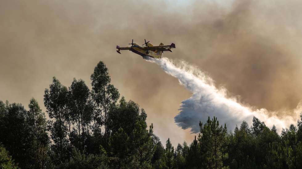 An Airplane Canadair drops water during a forest fire in Pedrogao Grande, Leiria, Portugal, 23 August 2025. The two fires that are currently consuming forest in Pedrogao Grande have already reached the municipality of Sertã, with various resources being deployed in both areas to combat the fire, Civil Protection told Lusa. At 6 p.m., 676 firefighters supported by 178 vehicles and 15 aircraft were fighting the two fires. PAULO NOVAIS/LUSA