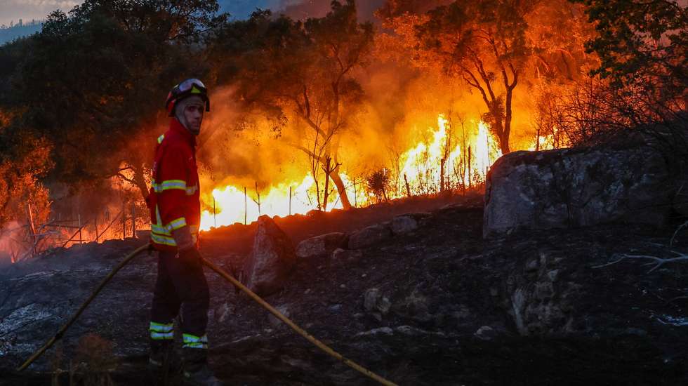 Um bombeiro combate incêndio florestal