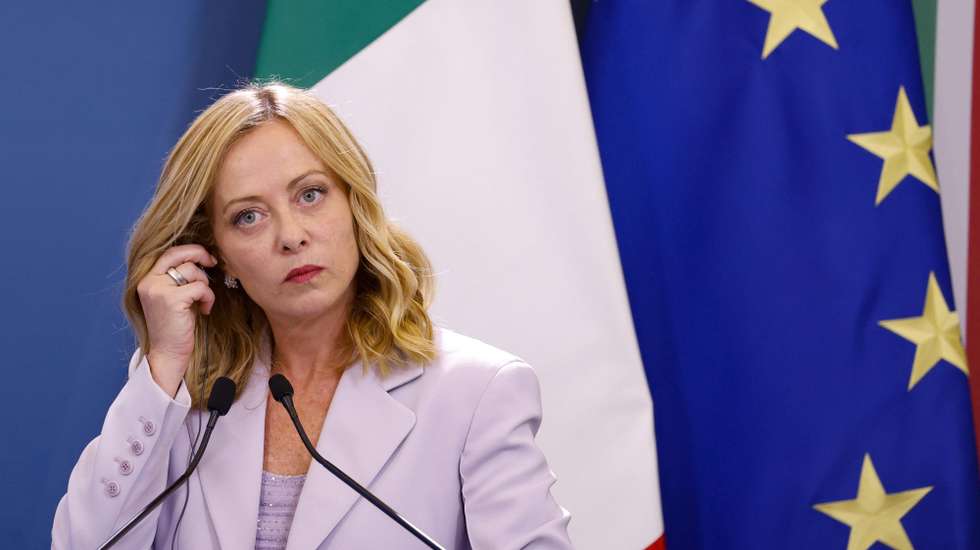 epa12255940 Italian Prime Minister Giorgia Meloni attends a press conference with the Algerian president at the end of an Italy-Algeria intergovernmental summit in Rome, Italy, 23 July 2025.  EPA/FABIO FRUSTACI