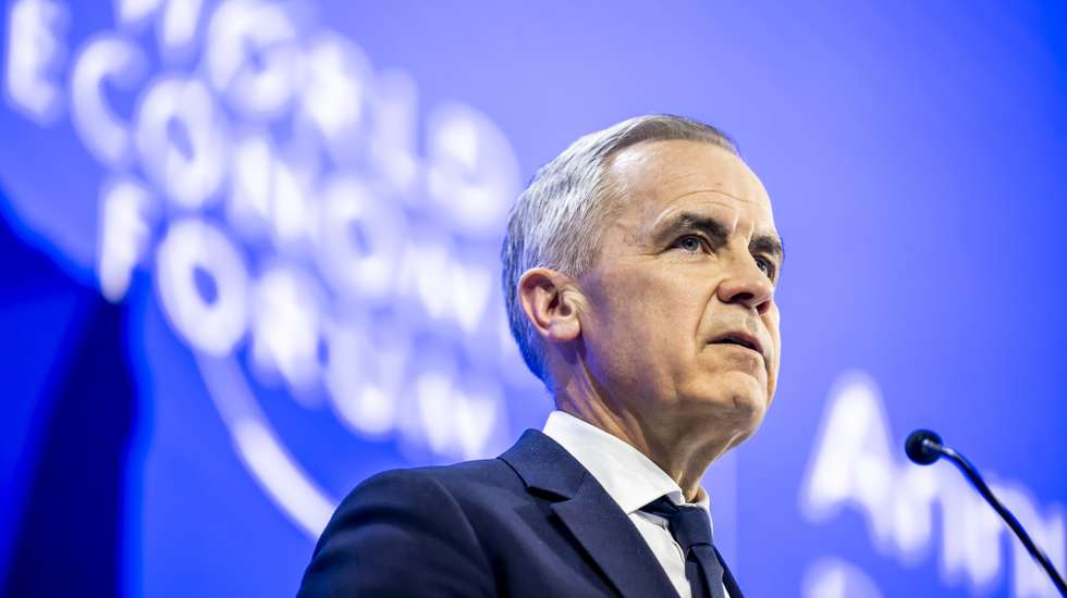 epa12664783 Canada Prime Minister Mark Carney speaks during a plenary session in the Congress Hall at the 56th annual meeting of the World Economic Forum (WEF) in Davos, Switzerland, 20 January 2026. The 2026 summit, running from 19 to 23 January and held under the theme 'A Spirit of Dialogue,' brings together global political leaders, corporate executives, and scientists to address international challenges.  EPA/GIAN EHRENZELLER