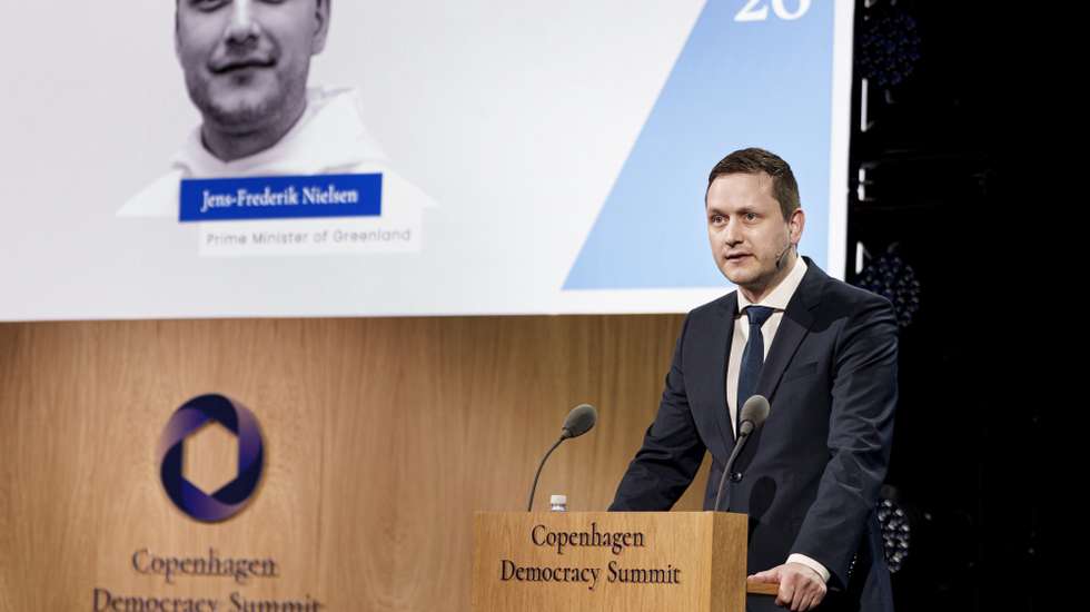 epa12949485 Greenland’s Prime Minister Jens-Frederik Nielsen delivers a speech during the Copenhagen Democracy Summit 2026 at the Royal Danish Playhouse in Copenhagen, Denmark, 12 May 2026. The summit, organized by the Alliance of Democracies Foundation, takes place from 11 to 12 May.  EPA/LISELOTTE SABROE  DENMARK OUT