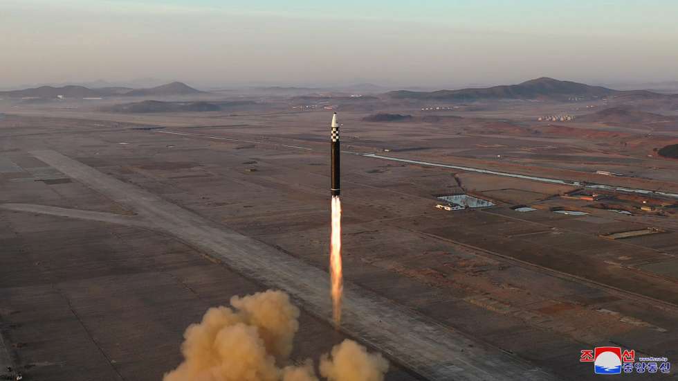 epa10527797 A photo released by the official North Korean Central News Agency (KCNA) shows an Intercontinental ballistic missile (ICBM), identified by the agency as a Hwasongpho-17, launched in a drill by the North Korean military at Pyongyang International Airport, in Pyongyang, North Korea, 16 March 2023 (issued 17 March 2023). According to KCNA, the launching drill of an Hwasong-17 intercontinental ballistic missile (ICBM) was conducted to give 'a stronger warning' against US and South Korea joint military exercises.  EPA/KCNA   EDITORIAL USE ONLY
