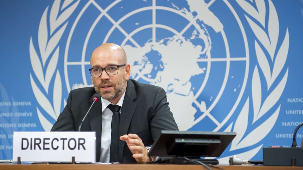 epa09469277 Robin Geiss, Director United Nations Institute for Disarmament Research (UNIDIR), speaks about the cluster Munition Monitor 2021 Report Launch, during a press conference at the European headquarters of the United Nations in Geneva, Switzerland, 15 September 2021.  EPA/MARTIAL TREZZINI