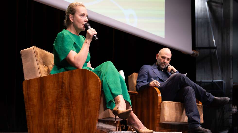 epa13237051 Russian human rights activist Yulia Navalnaya (L), widow of the late opposition leader Alexei Navalny, and Italian investigative journalist and author Roberto Saviano (R) attend a dialogue session during the Lugano International Festival Endorfine, in Lugano, Switzerland, 13 September 2026.  EPA/MIRKO AQUILINO