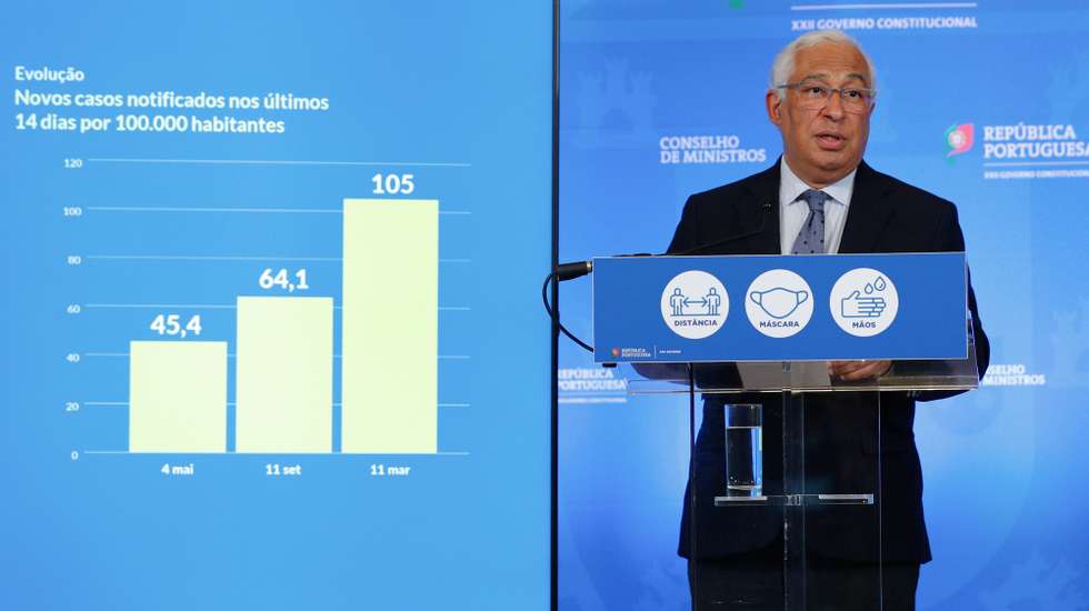O primeiro-ministro, António Costa, intervém durante o briefing da Reunião do Conselho de Ministros, no Palácio da Ajuda, em Lisboa,11 de março de 2021. António Costa anunciou um plano de reabertura “a conta-gotas”, considerando que neste momento se pode falar “com segurança” de uma “reabertura progressiva da sociedade”. ANTÓNIO COTRIM/LUSA
