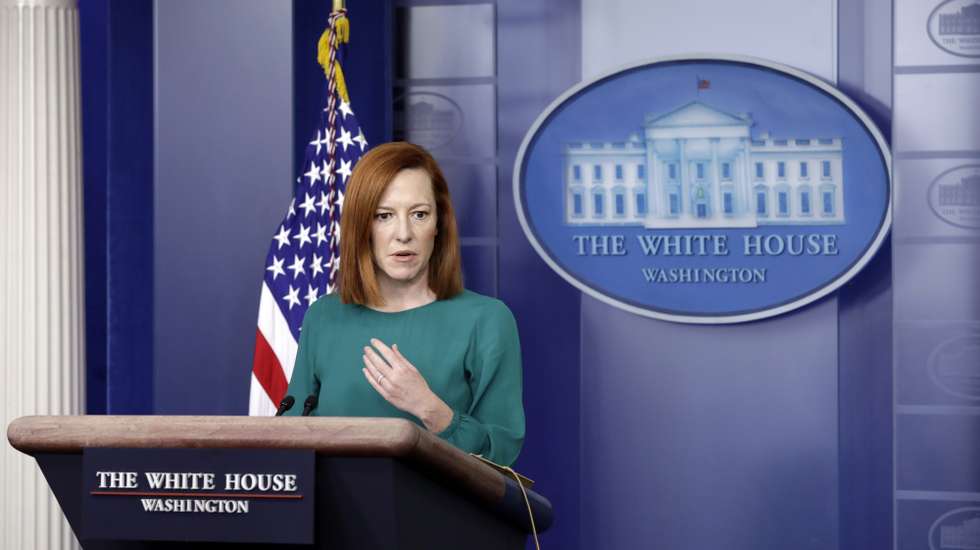 epa09076823 White House Press Secretary Jen Psaki speaks at a press briefing at the White House in Washington, DC, USA, 15 March 2021.  EPA/Yuri Gripas / POOL