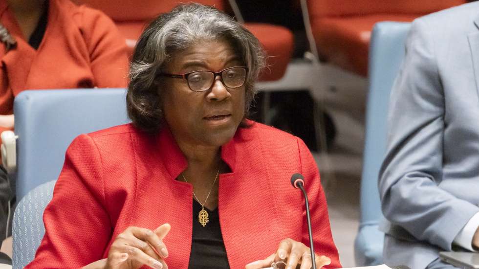 epa10270277 The United States' Ambassador to the U.N. Linda Thomas-Greenfield speaks during an United Nations Security Council meeting called by Russia at United Nations headquarters in New York, New York, USA, 27 October 2022. Russia is asking for an international investigation into unproven allegations that the United States and Ukraine are collaborating on illegal biological weapons in Ukraine.  EPA/JUSTIN LANE