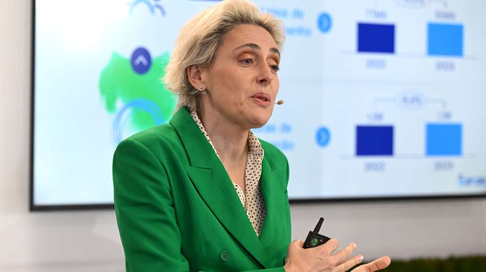 Cláudia Azevedo, CEO da Sonae, durante a apresentação de resultados do grupo que lidera, Maia, 13 de março de 2024. FERNANDO VELUDO/LUSA