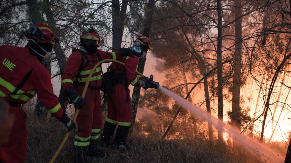 epa06144729 Spanish Firefighters of Unidad Militar de Emergencia (Emergency Military Unit) fight a forest fire at Quinta das Laranjeiras in village of Vila do Rei, Castelo Branco, center of Portugal, 14 August 2017. More than 194 firemen, 54 land vehicles combat this forest fire.  EPA/PAULO CUNHA