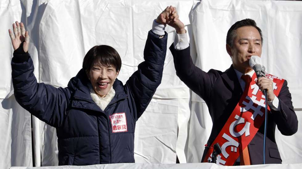 epa12701758 Japanese Prime Minister and leader of the ruling Liberal Democratic Party (LDP) Sanae Takaichi gestures with a local candidate at an election campaign rally in Urawa, near Tokyo, Japan, 03 February 2026. The Nikkei Stock Average closed at a record high on 03 February, jumping almost four percent as investors welcomed the ruling LDP’s proposed economic policies ahead of the 08 February general election.  EPA/FRANCK ROBICHON