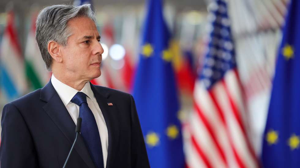 epa10557868 US Secretary of State Antony J. Blinken speaks to the press ahead of a EU-US Energy Council Ministerial Meeting in Brussels, Belgium, 04 April 2023. US Secretary of State Antony Blinken will take part in a two-day NATO foreign ministers council.  EPA/OLIVIER MATTHYS / POOL