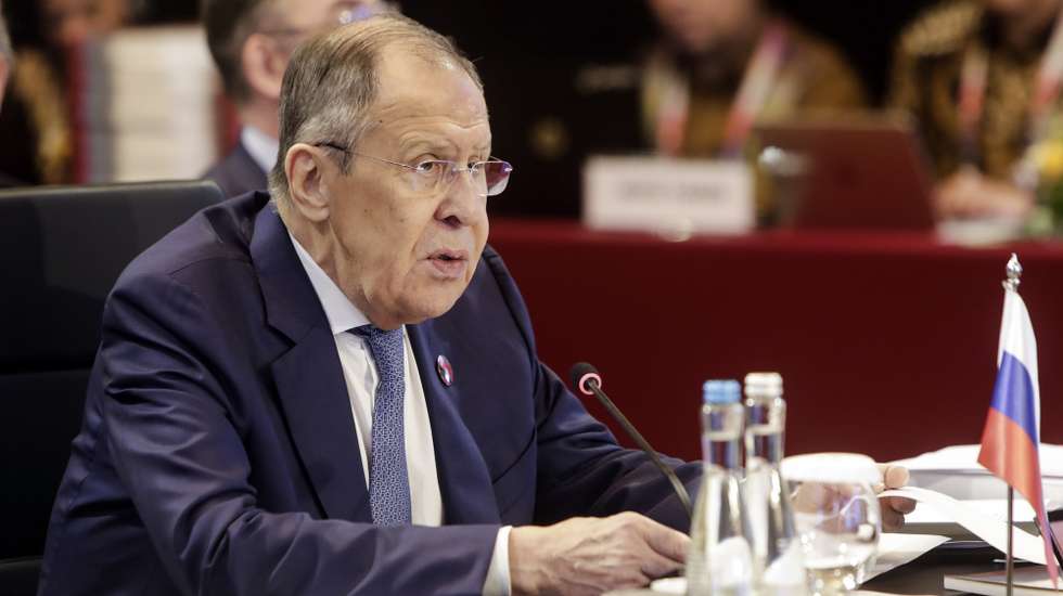 epa10742870 Russia’s Foreign Minister Sergei Lavrov speaks during the ASEAN Post Ministerial Conference with Russia at the Association of Southeast Asian Nations (ASEAN) Foreign Ministers’ Meeting in Jakarta, Indonesia, 13 July 2023. Indonesia is hosting the 56th ASEAN foreign ministers’ meeting and related meetings from 08 to 14 July.  EPA/ADI WEDA / POOL