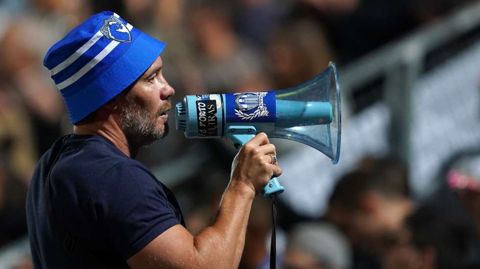 FC Porto's supporter Fernando Madureira cheers during the Portuguese First League soccer match, between FC Famalicao vs FC Porto, at Municipal de Famalicao stadium in Famalicao, Portugal, 20 May 2023. HUGO DELGADO/LUSA