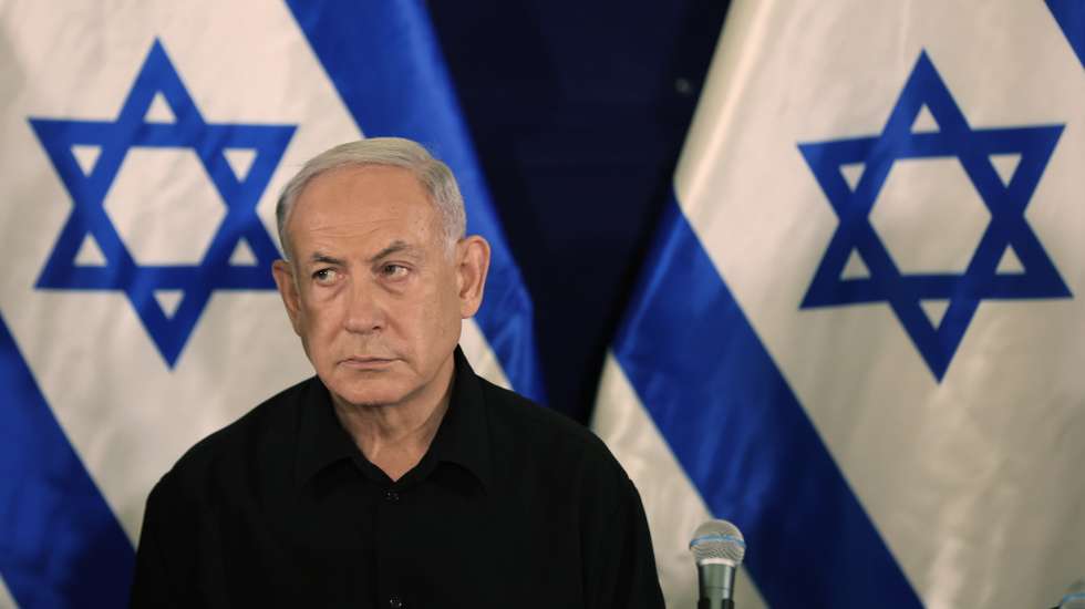 epa10945801 Israel's Prime Minister Benjamin Netanyahu attends a press conference in The Kirya military base in Tel Aviv, Israel, 28 October 2023.  EPA/ABIR SULTAN / POOL