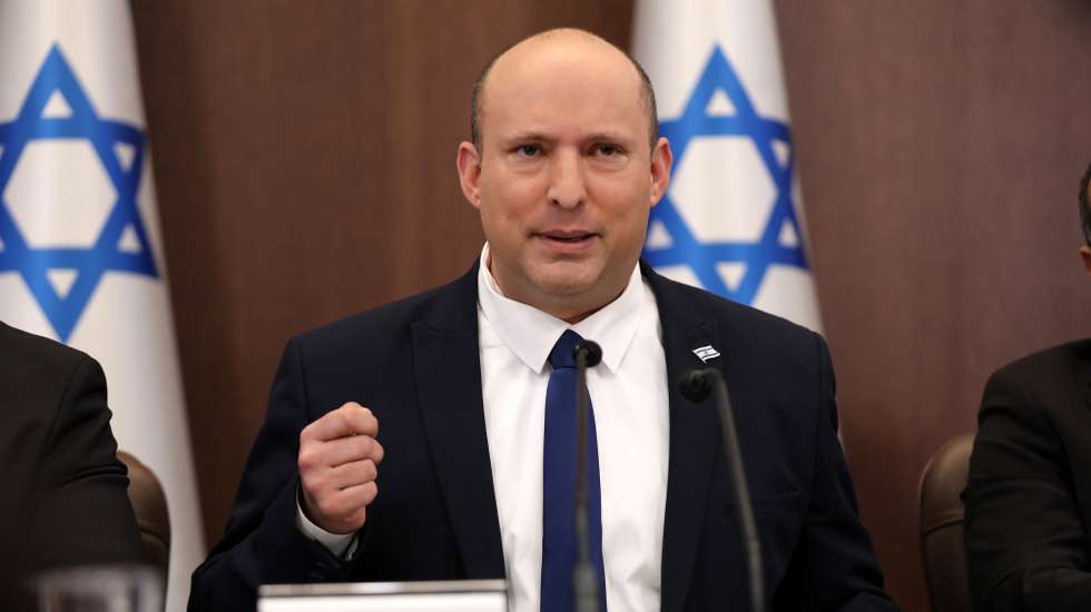 epa09948124 Israeli Prime Minister Naftali Bennett attends a cabinet meeting at the Prime minister's office in Jerusalem, 15 May 2022.  EPA/ABIR SULTAN / POOL