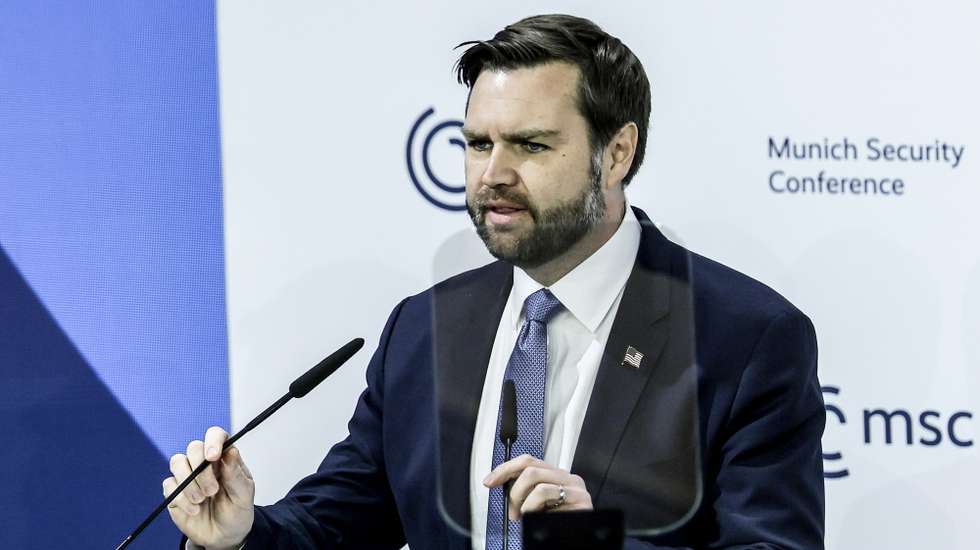 epa11895824 US Vice President JD Vance speaks during the 61st Munich Security Conference (MSC), in Munich, Germany, 14 February 2025. High-level international decision-makers meet at the 61st Munich Security Conference in Munich from 14 to 16 February 2025 during their annual meeting to discuss global security issues.  EPA/RONALD WITTEK