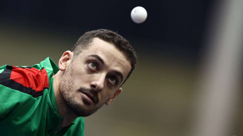 epa11668505 Marcos Freitas of Portugal in action during the Men’s Single Round of 16 match Dimitrij Ovtcharov of Germany at the Table Tennis European Championships in Linz, Austria, 19 October 2024.  EPA/ANNA SZILAGYI