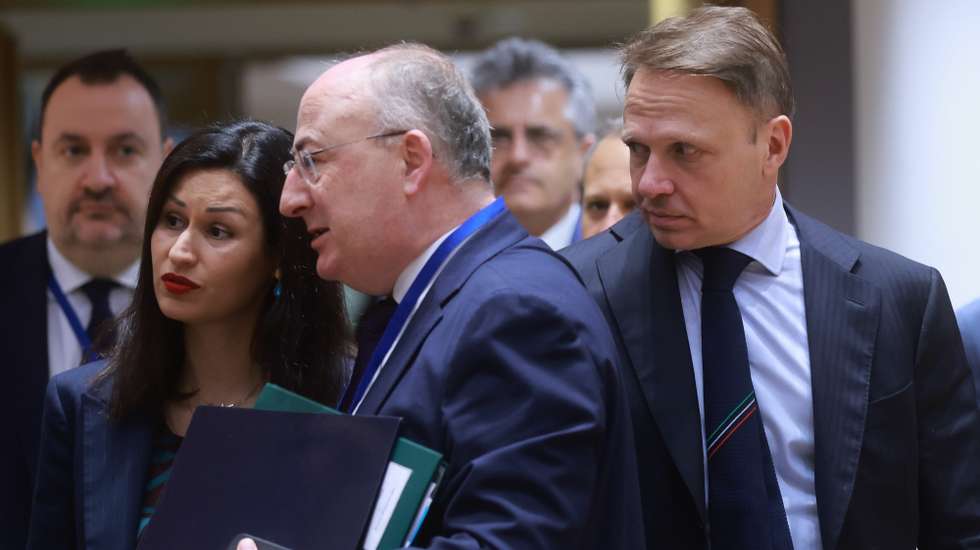 epa11920764 (L-R) Cypriot, Portuguese, and Italian Ministers of Agriculture, Maria Panayiotou, Jose Manuel Fernandes, and Francesco Lollobrigida attend an EU Agriculture Ministers' Council in Brussels, Belgium, 24 February 2025.  EPA/OLIVIER HOSLET