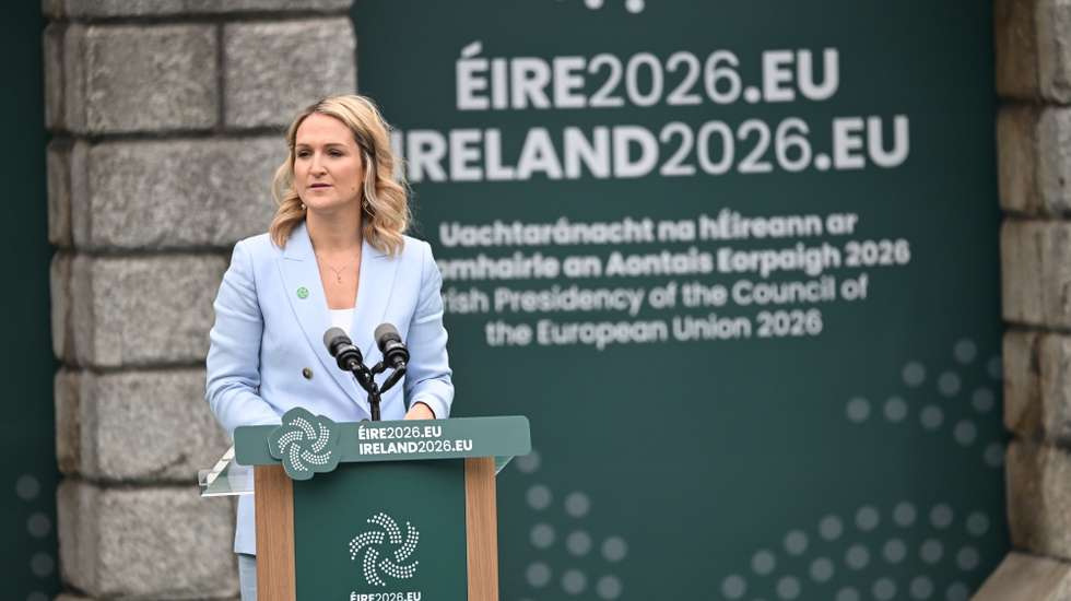 epa13077932 Irish Minister for Foreign Affairs Helen McEntee speaks at the ceremony for the launch event for Ireland's Presidency of the Council of the European Union in Dublin Castle in Dublin, Ireland, 01 July 2026. Ireland will hold the Presidency for six months until the end of 2026.  EPA/BRYAN MEADE