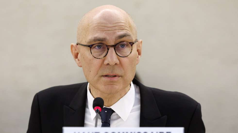 epa10507282 UN High Commissioner for Human Rights Volker Turk (Tuerk) addresses his oral update on the activities of his Office and recent human rights developments around the globe, during the 52nd session of the Human Rights Council, at the European headquarters of the United Nations (UNOG) in Geneva, Switzerland, 07 March 2023.  EPA/SALVATORE DI NOLFI