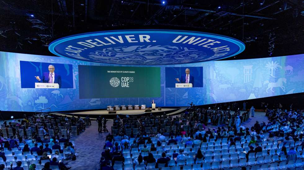 epa11008579 Co-chair of the Bill and Melinda Gates Foundation, Bill Gates, speaks during the UN Climate Change Conference COP28, in Dubai, United Arab Emirates, 03 December 2023. The 2023 United Nations Climate Change Conference (COP28), runs from 30 November to 12 December, and is expected to host one of the largest number of participants in the annual global climate conference as over 70,000 estimated attendees, including the member states of the UN Framework Convention on Climate Change (UNFCCC), business leaders, young people, climate scientists, Indigenous Peoples and other relevant stakeholders will attend.  EPA/MARTIN DIVISEK