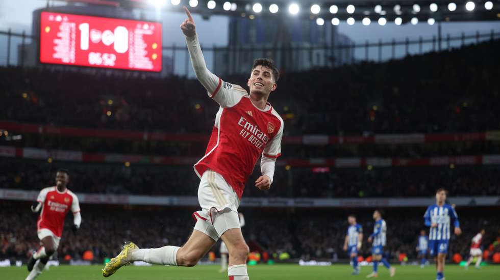 epa11034438 Arsenal’s Kai Havertz celebrates after he scores the 2-0 goal during the English Premier League soccer match between Arsenal FC and Brighton &amp; Hove Albion, in London, Britain, 17 December 2023.  EPA/NEIL HALL EDITORIAL USE ONLY. No use with unauthorized audio, video, data, fixture lists, club/league logos, 'live' services or NFTs. Online in-match use limited to 120 images, no video emulation. No use in betting, games or single club/league/player publications.