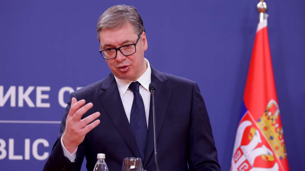 epa11728765 Serbian President Aleksandar Vucic attends a joint press conference with the Kazakh president following their meeting in Belgrade, Serbia, 19 November 2024. The Kazakh president is on an official state visit to Serbia.  EPA/ANDREJ CUKIC