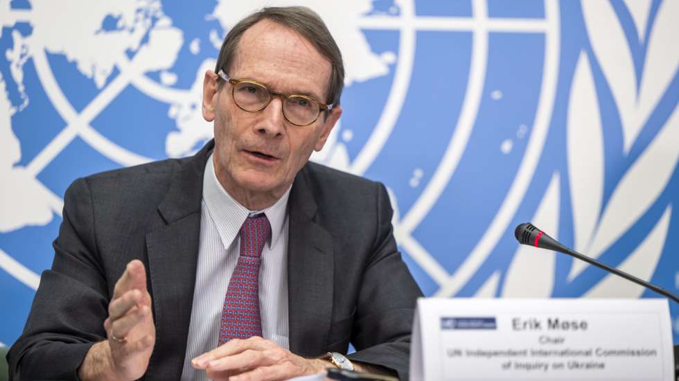 epa10526494 Chair of the Independent International Commission of Inquiry on Ukraine Erik Mose speaks about the release of a comprehensive report by the UN Independent International Commission of Inquiry on Ukraine to the Human Rights Council, during a press conference at the European headquarters of the United Nations in Geneva, Switzerland, 16 March 2023.  EPA/MARTIAL TREZZINI