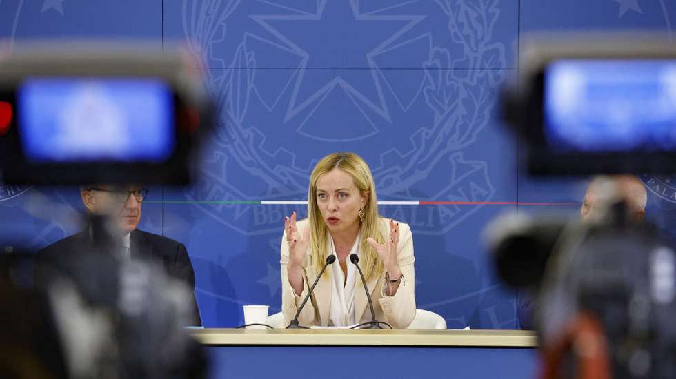 epa10846886 Italian Prime Minister Giorgia Meloni speaks during a press conference at the end of a meeting of the Council of Ministers, in Rome, Italy, 07 September 2023. The Italian government on 07 September approved a decree cracking down on juvenile crime. The Caivano Decree, named after the Naples-area town where two cousins were allegedly raped by a youth gang last month, aims to crack down on juvenile crimes through tougher penalties for the parents of minors as well as a 30-million-euro package to clean up the town near Naples.  EPA/FABIO FRUSTACI