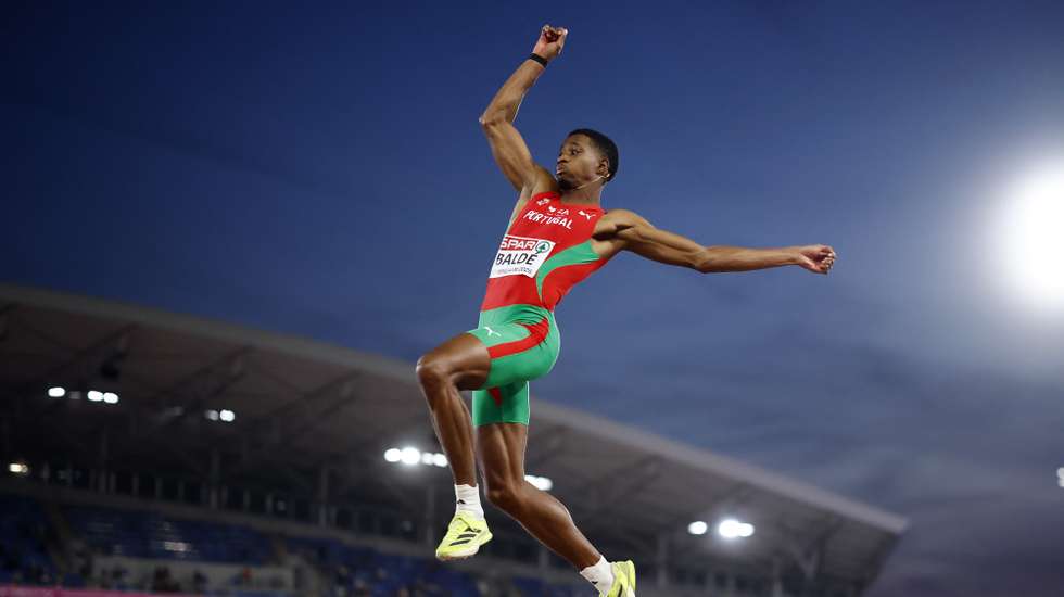 epa13162258 Gerson Balde of Portugal competes in the Men's Long Jump Final at the European Athletics Championships Birmingham 2026, Birmingham, Britain, 11 August 2026.  EPA/TOLGA AKMEN