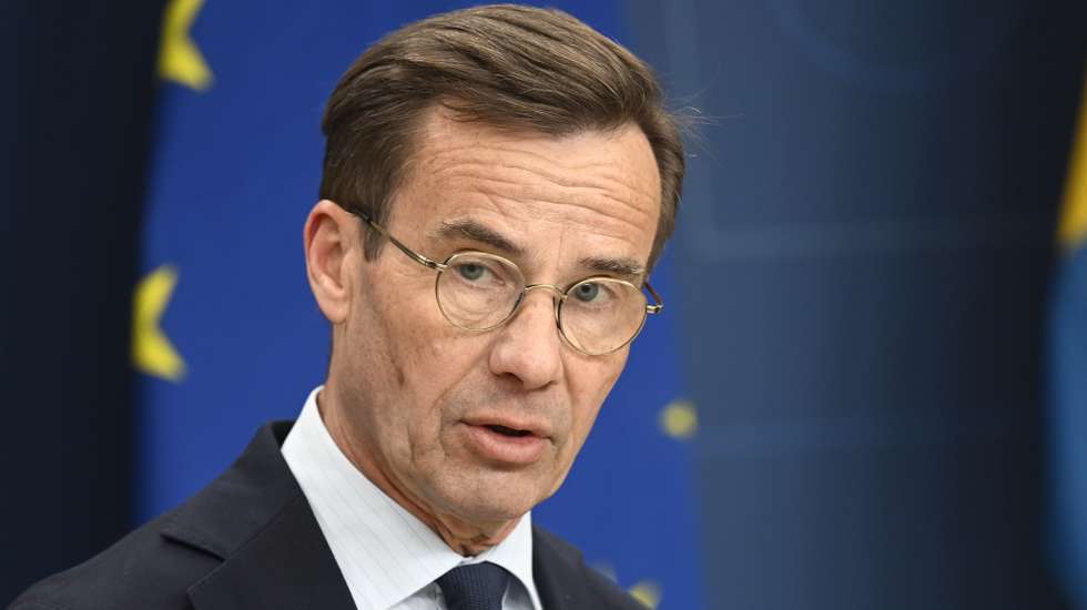 epa10923164 Swedish Prime Minister Ulf Kristersson speaks during a press conference one day after two football supporters from Sweden were shot in Brussels, at Rosenbad in Stockholm, Sweden, 17 October 2023. Kristersson said his government was working closely with relevant agencies and international partners after terrorist attack in Brussels on the evening of 16 October. Belgian police said, the gunman has been neutralized. Following the incident, the Brussels Capital Region has increased its terror threat to level 4, the highest, the National Crisis Center announced.  EPA/Fredrik Sandberg SWEDEN OUT