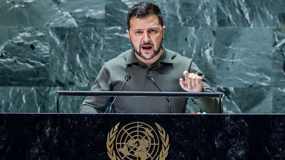 epa10870096 President of Ukraine Volodymyr Zelensky speaks during the 78th session of the United Nations General Assembly at the United Nations Headquarters in New York, New York, USA, 19 September 2023.  EPA/JUSTIN LANE