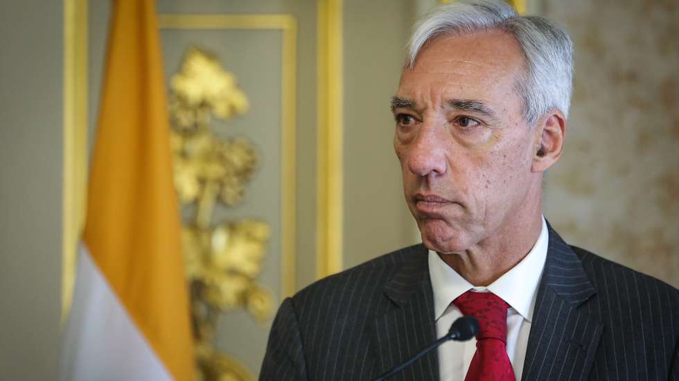 Portuguese Foreign Minister, Joao Gomes Cravinho, during a press conference with his Indian counterpart, Subrahmanyan Jaishankar (unseen), after a bilateral meeting, in Lisbon, Portugal, 31 october 2023. RODRIGO ANTUNES/LUSA
