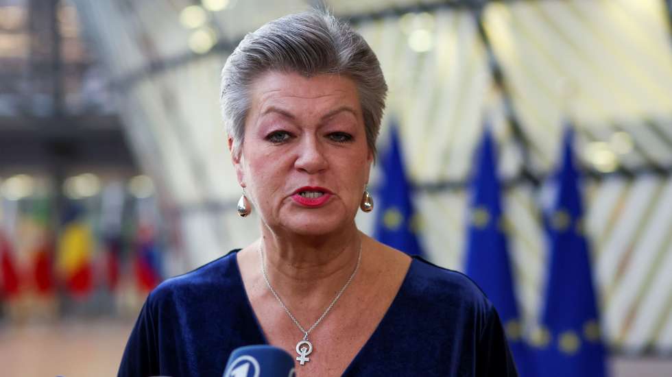 epa11197899 European Commissioner for Home Affairs Ylva Johansson speaks to the press at the start of European home affairs ministers council in Brussels, Belgium, 04 March 2024. EU Interior Ministers will exchange views about the general state of the Schengen area, the European free travel zone, and the recently presented evaluation of the EU law establishing Frontex (the EU border and coast guard regulation).  EPA/OLIVIER HOSLET