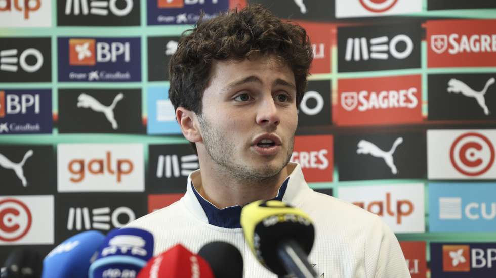 Portugal soccer player Joao Neves at the press conference at FC Bayern Campus prior to Sunday final match against Spain for the UEFA Nations League Finals, in Munich, Germany, 6 June 2025. MIGUEL A. LOPES/LUSA