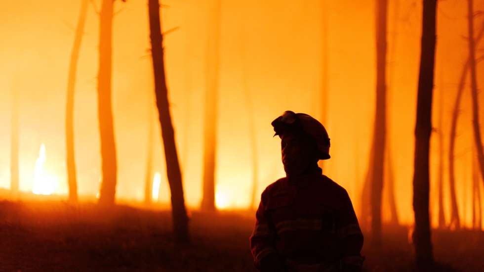 Um bombeiro combate as chamas durante um incêndio em São Martinho da Anta, concelho de Sabrosa, Vila Real, 2 de agosto de 2025. O fogo que começou em São Cibrão, Vila Real, alastrou para o concelho de Sabrosa, onde lavra em duas frentes com alguma intensidade e mobiliza cerca de 240 operacionais. PEDRO SARMENTO COSTA/LUSA