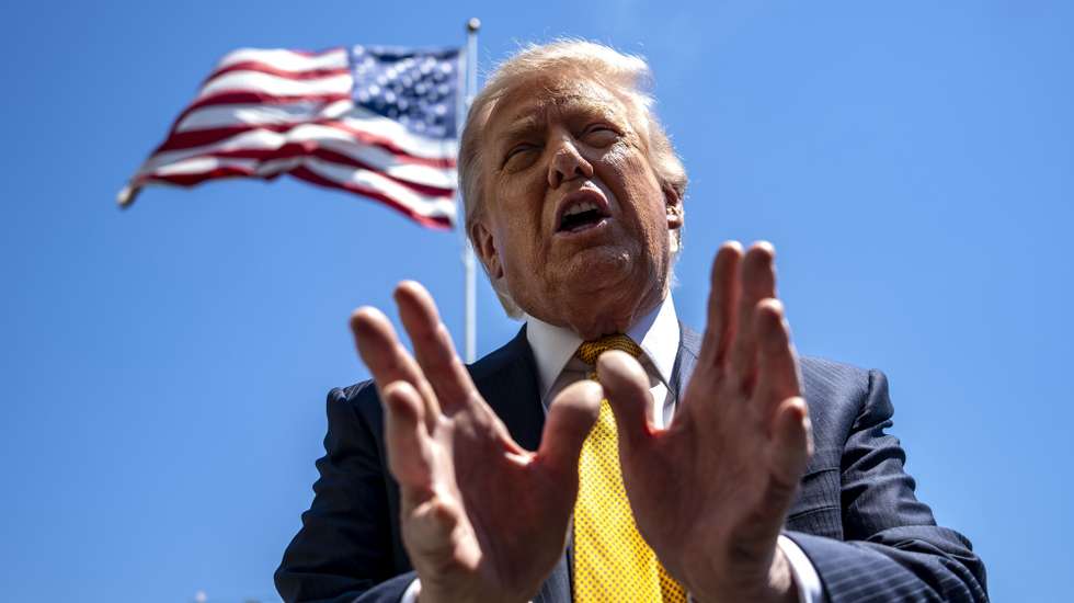epa12951612 US President Donald Trump speaks to the press before departing the White House for China, in Washington, DC, USA, 12 May 2026. President Trump is leaving the US to visit China where he will meet with President Xi in Beijing.  EPA/BONNIE CASH / POOL