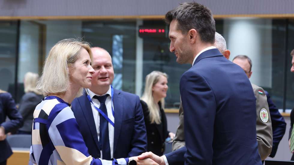 epa13267794 EU High Representative for Foreign Affairs and Security Policy Kaja Kallas (L) and Hungarian Parliamentary State Secretary and Deputy Minister of Defence Laszlo Kurtos (R) during the EU Foreign Affairs Council on Defence in Brussels, Belgium, 28 September 2026. Ministers are expected to  discuss military support for Ukraine, including air defense, military training and defense industrial cooperation, as well as hybrid threats and the situation in the Middle East.  EPA/OLIVIER HOSLET
