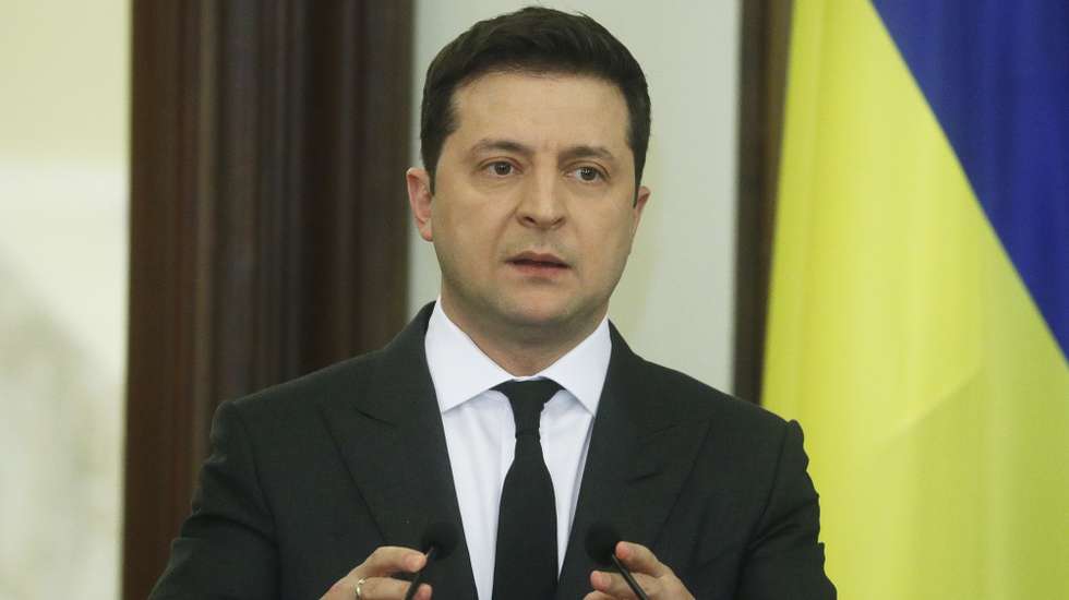 O Presidente ucraniano Volodymyr Zelensky em conferência de imprensa