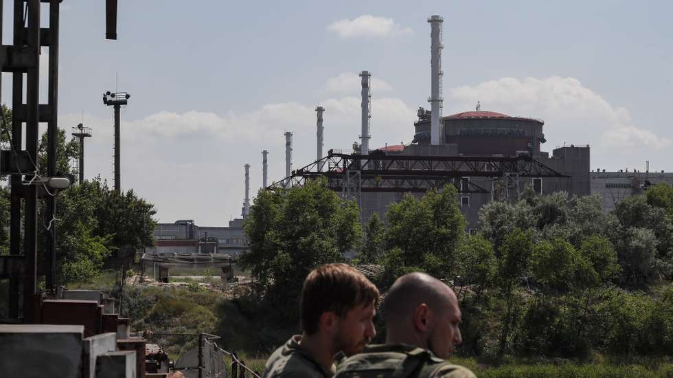 epa10693169 A picture taken during a visit to Enerhodar organised by the Russian Defence ministry shows a general view of the Zaporizhzhia Nuclear Power Plant in Enerhodar, southeastern Ukraine, 15 June 2023. The Zaporizhzhia Nuclear Power Plant can still continue to draw water from the Kakhovka reservoir, the IAEA reports. Grossi said that after the destruction of the Kakhovka hydroelectric power station, a situation may arise when the water from the Kakhovka reservoir will not be enough to cool the reactors of the Zaporozhye nuclear power plant. According to him, in this case, the reactors can be damaged, which threatens with the onset of radiological consequences. The water level in the reservoir near the Zaporizhzhya TPP has dropped to 11.27 meters and continues to decline.  EPA/SERGEI ILNITSKY
