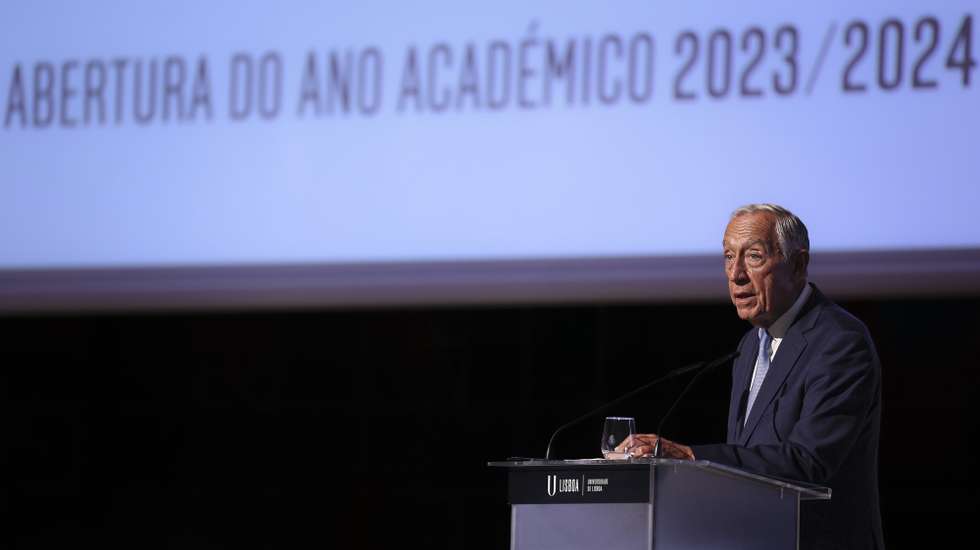 O Presidente da República, Marcelo Rebelo de Sousa, discursa durante a sessão solene de abertura do Ano Académico 2023/2024 na Universidade de Lisboa, na Aula Magna da Universidade, Lisboa, 12 de setembro de 2023. FILIPE AMORIM/LUSA