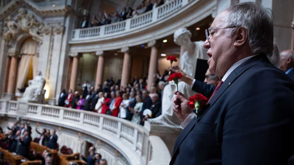 The president of 25th April Association, Vasco Lourenco, attends a solemn comemorative session at the Portuguese parliament in Lisbon, Portugal, 25 April 2024. Portugal celebrates the 50th anniversary of the Carnation Revolution that ended the authoritarian regime of Estado Novo (New State) that ruled the country between 1926 to 1974. JOSE SENA GOULAO/LUSA